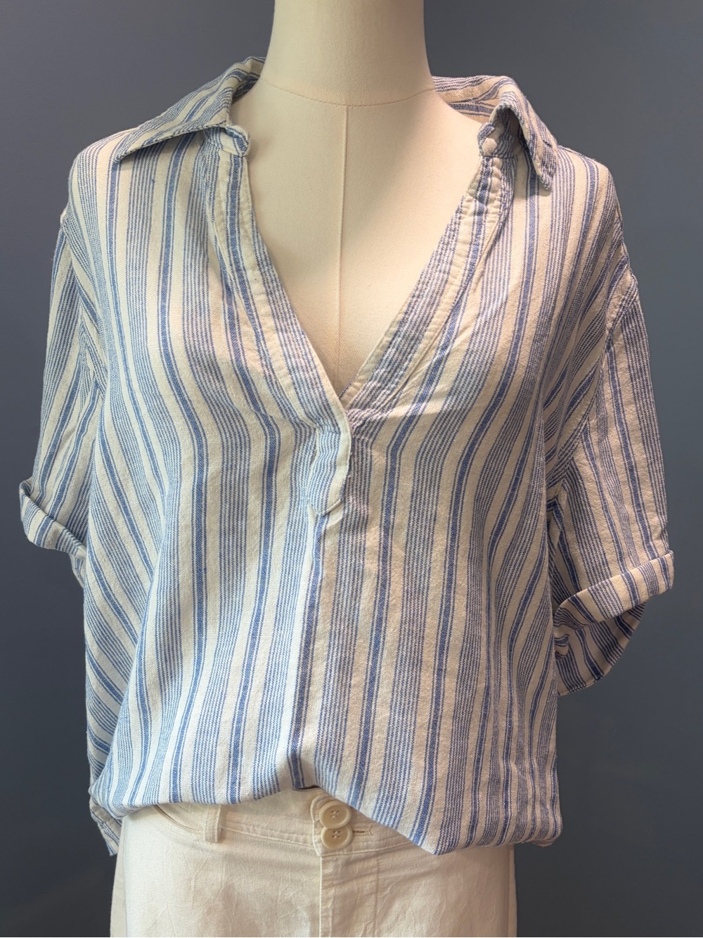 Universal Thread Blue White Striped Linen Blend Popover Blouse Large
